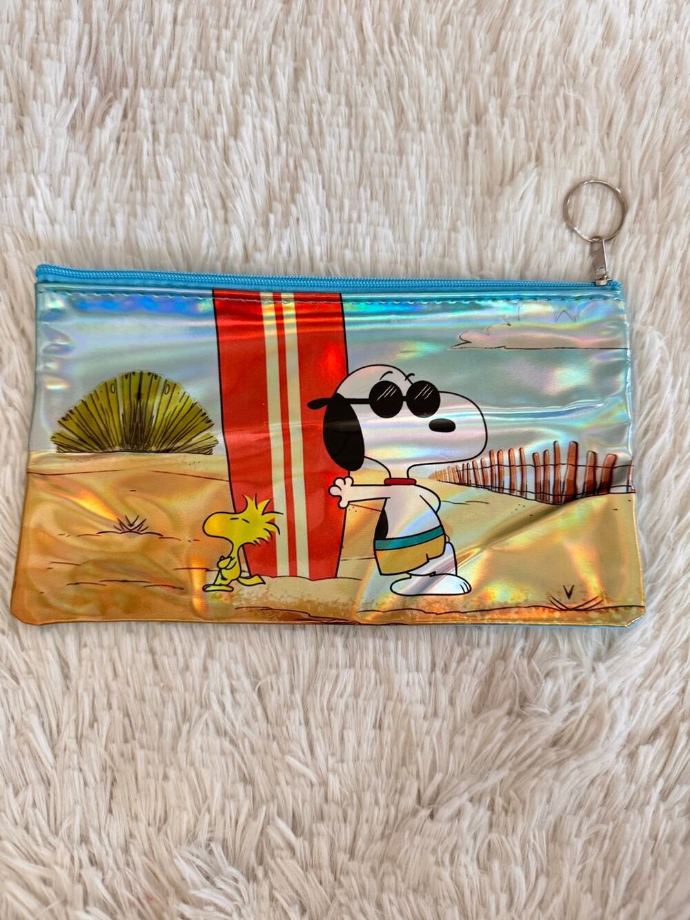 Snoopy and Woodstock beach scene holographic pencil pouch with keychain